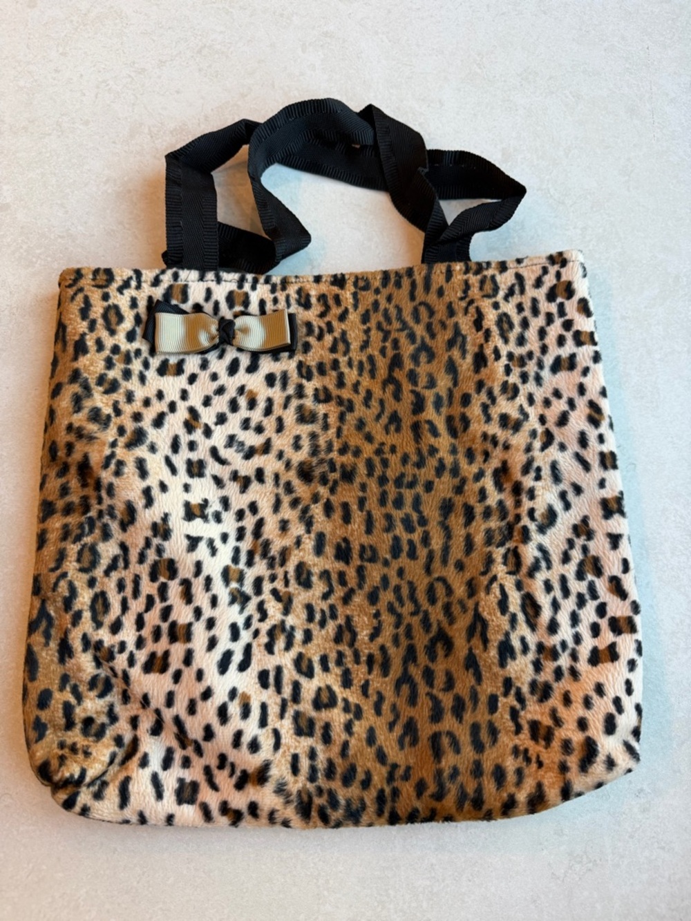 Leopard Print Faux Fur Tote with Bow Accent - Brown/Black